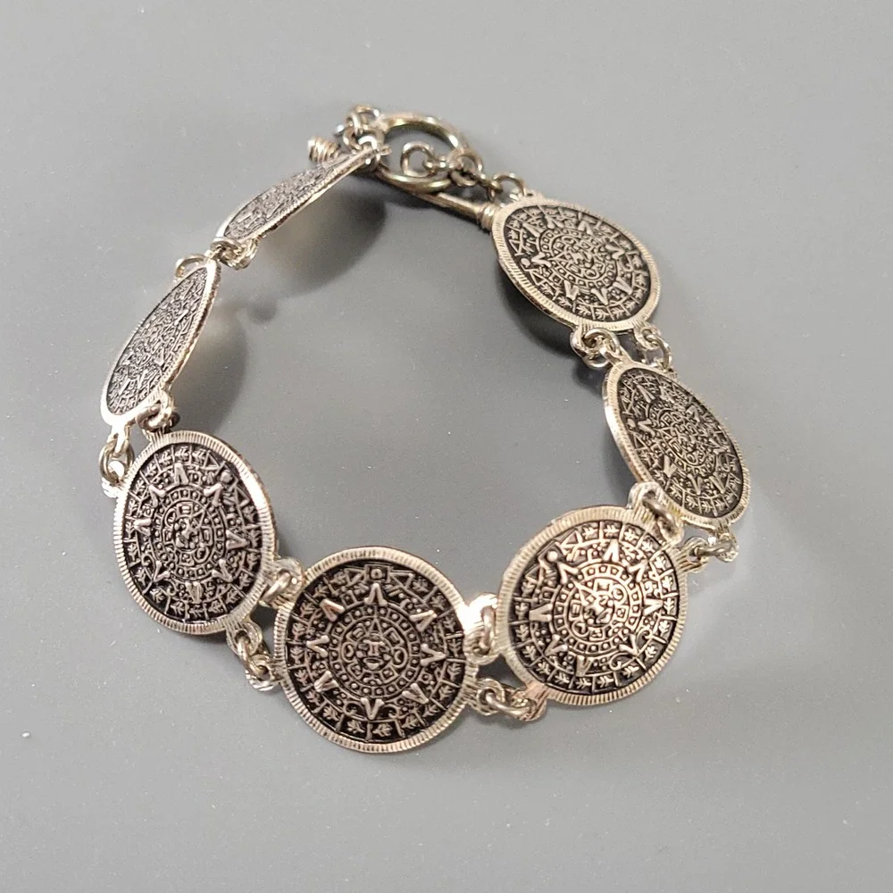 Escorcia Taxco Mexico Aztec Calendar Link Bracelet 950 Sterling SilverTR-120